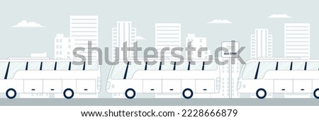 City bus stop. Urban social transportation, buses waiting on stop. Relocation and travel, intercity public transport vector scene