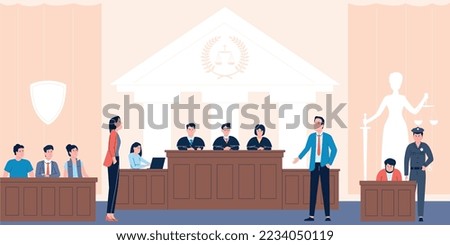 Trial process with young lawyers in courtroom. Cartoon judge in court, justice and defense. Police and advocate, witnesses, recent vector scene
