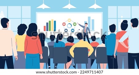 Business seminar or it teaching company. Financial lecture for employees, marketing and sales presentation in office. Conference recent vector scene