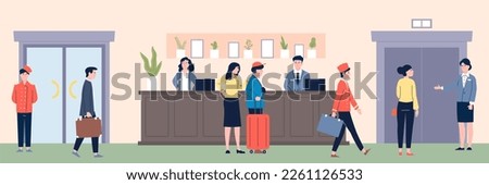 Hotel lobby and reception. Lounge and information desk in hostel, tourist hold luggage and professional team in uniform. Travel check-in recent vector scene