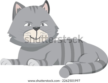 Grinning cat. Fluffy gray pet. Sneaky character