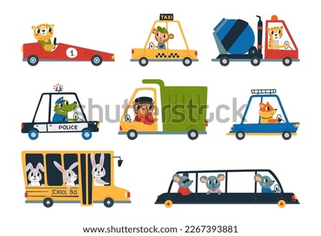 Funny cartoon animals drive cars trucks and bus. Pets driving, kids transport with animal clipart. Rabbit, fox and bear drivers, isolated baby classy vector set
