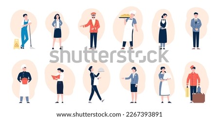 Flat hospitality workers, hotel restaurant team. People wear uniform, baker and waiter, cleaners and porter. Service staff recent vector characters
