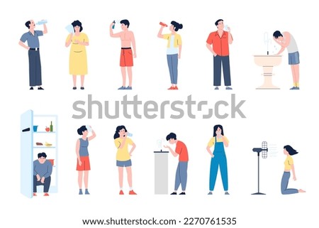 People drinking water, spray on face and wash in fountain. Cooling in fridge and wind from fan. Hot summer, cool compress, recent vector characters