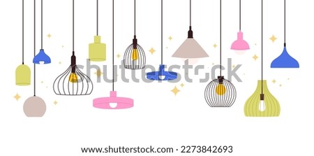 Hanging lamps banner. Home ceiling lamp with bulbs. Electric modern interior decor design, lights decorative vintage chandeliers retro racy vector background
