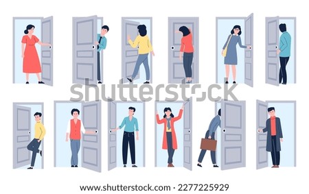 People come in and out. Entrance door, entering adults and business person. Leaving home, come back to office. Open close doors, flat recent vector characters