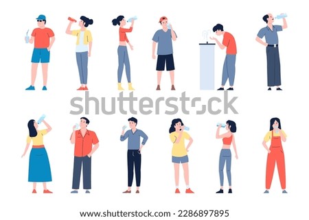 Young people drinking water, men woman drinks lot liquid from bottles, glasses and fountain. Characters at summer hot weather, recent vector set