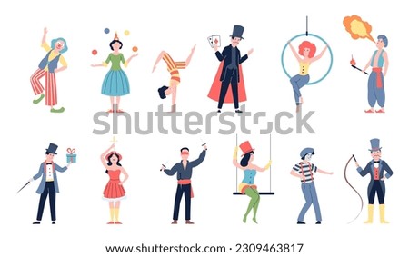 Circus actors, show artist and mime. Clowns, flat carnival festival characters. Street theater performer, people in costumes recent vector set