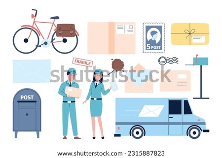 Postman characters, male female post workers in uniform. Parcels, letters and envelopes. Isolated post icons, delivery letter recent vector service