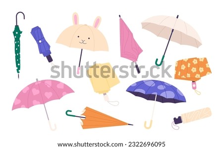 Colorful umbrella collection, shelter rainy seasons. Modern and vintage umbrellas, closed and open fashion accessories. Safe from rain, racy vector clipart
