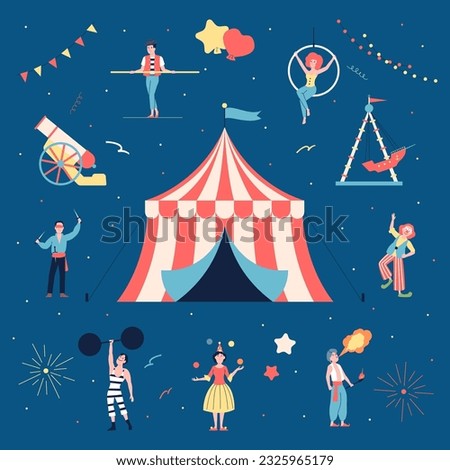 Circus show background, street theater performers artists. Flat festival actors, clown, mime and acrobat. Cartoon performance recent vector characters