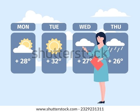 Weather forecast concept, future days climate change. Raining precipitation and sunny days. Broadcast woman announcer on show recent vector scene