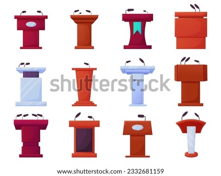 Cartoon podium, tribune with microphones. Press interview, award or speaker podiums elements. Oration stage elements for politics nowaday vector set
