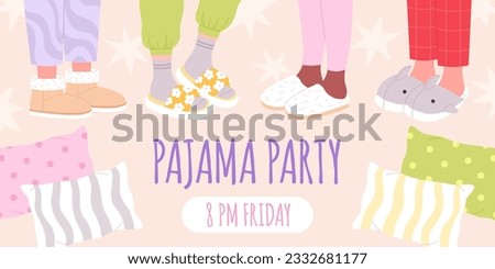 Pajama party invitation banner. Cartoon slippers, girls legs in footwear. Foots in fluffy cozy slipper and pillows. Racy vector sleepy background