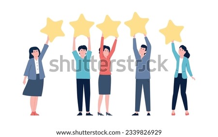 Flat people hold rating stars. Review star or feedback in internet, goods recommendations. Comments of clients, customer recent vector characters