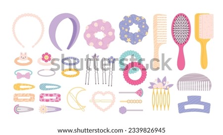 Barrette and hairpins set, hair slide fashion clipart. Pin girl accessories, stylist hairdressing equipment and clips. Female headband racy vector clipart