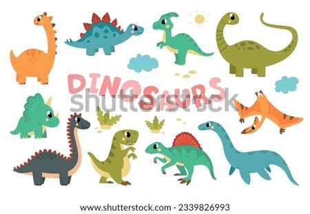 Cute flat herbivore dinosaur, cartoon dinosaurs and reptiles. Dino doodle characters, children jurassic park animals. Prehistoric monsters classy vector set