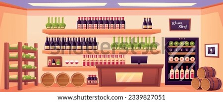 Wine shop, cartoon vault or alcohol store. Cellar with bottles and barrels, champagne and liquor production on shelf nowaday vector scene