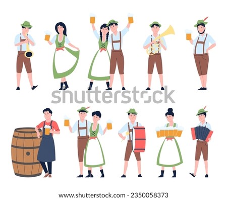 Young oktoberfest characters, flat bavarian people dance and drinking beer. German festival, traditional party woman costume. Cartoon recent vector set