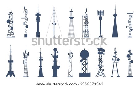 Isolated antenna tower silhouettes, 5g cell and gsm signal equipment. Communication internet towers, telecom or radio flat recent vector icons