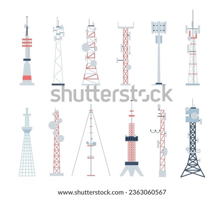 Wireless towers, construction radio telephone tower with antenna. Telecoms communications equipment, 4g radar. Flat 5g station recent vector set