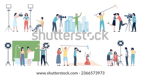 Film production flat scenes. Actors and actresses, direction and assistants. Shooting movie team, operator with camera, recent vector set