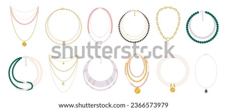 Necklace cartoon set. Decorative jewelry female clipart, isolated beads. Stylish trendy accessories, collier and necklaces. Racy fashion vector collection