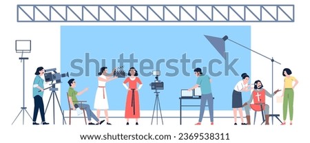Movie production concept. Film shooting, team working on stage. Actors, operator and director. Entertainment, people making 3d films recent vector scene