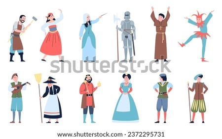 Fairy tale characters. Medieval kingdom citizens, queen and king, knight in armor. Magic witch and dancers, actors and musician recent vector set