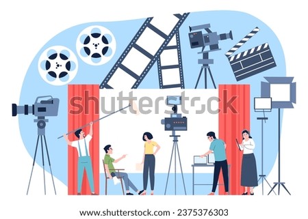 Film shooting team. Movie production process, stream or professional bloggers working. Personal channel, online interview prepare recent vector scene