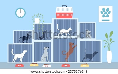 Animal shelter with dogs and cats in cages. Feeding homeless animals, adopt me concept. Social work or volunteering recent vector flat illustration