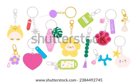 Keychains flat clipart. Isolated cartoon key holders with cute designs. Keys rings for children and adults. Decorative funny pendants racy vector set