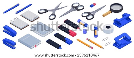Isometric office school supplies. Isolated stationery collection. Notebooks, pencil and pen, eraser and scissor various rotate, pithy vector set