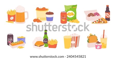 Football fan food. Fast meals, burgers and french fries, popcorn, pizza and soft drinks. Sandwich and ice cream, chips and beer, racy vector set