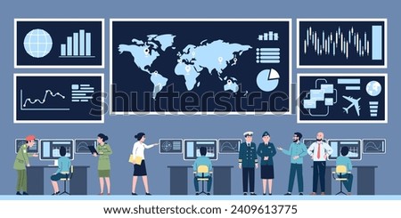 Command control center. Government digital service, military agency. Giant monitors with graphs and people in uniform, recent vector illustration