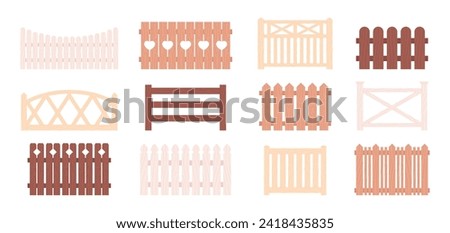 Cartoon fences. Isolated wooden fence, farm or garden railing elements. Fencing decorative sections. Flat backyard gates racy vector clipart