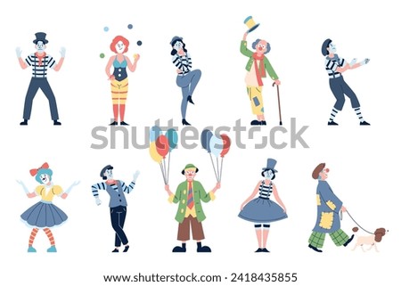 Mimes and clowns. Circus characters, mime clown in bright costumes. Performance or entertainment artists, street theater actors recent vector set