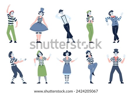 Mimes characters. French street theater artists. Performance and pantomime comedian actors. Mime with facial mask, isolated recent vector flat set