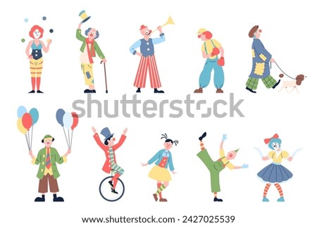 Clowns characters. Isolated flat funny clown. Circus or street entertainment artists. Comic character in funny costume, recent vector carnival set