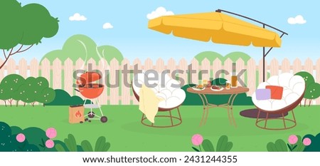 Summer bbq in garden. Chairs on backyard, food on table. Resting on nature with grill or barbecue. Relaxing summer or spring time, racy vector scene