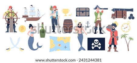 Pirates and mermaids. Sea robbers, ocean mermaid king, rum and pirate ship and flag. Conquerors of the seas, theater actors in costumes, recent vector set
