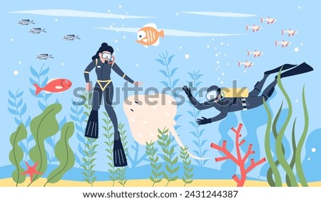 Underwater swimmers swim in ocean. Scuba diving tourists or professional. Resting and explore sea, fish and plants, flat recent vector scene