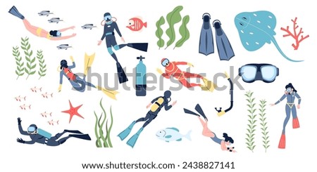 Diving elements for professional scuba divers and vacations. People swimming underwater with fish, sea ocean explorer, recent marine collection