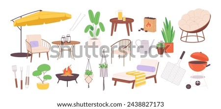 Garden furniture bbq. Cozy chairs and umbrella, grill equipment for resting on backyard. Terrace relax elements, fireplace and plants, racy vector clipart