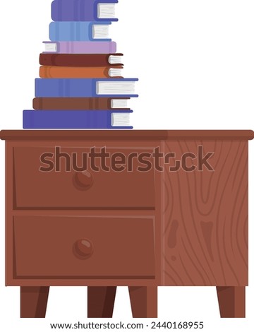 Wooden chest of drawers with book stack. Bedside table reading