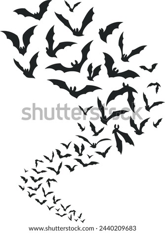 Flying bats swarm black silhouette. Halloween decoration