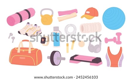 Cartoon fitness equipment. Sport elements, isolated accessories for gym and workout outdoor or home training. Healthy life racy vector clipart