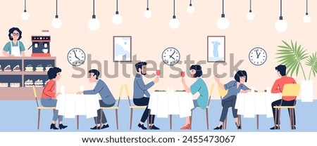 Speed dating. Single people in cafe or bar have first dates on time. Man and woman meeting in restaurant, friendship and relationship, recent vector scene