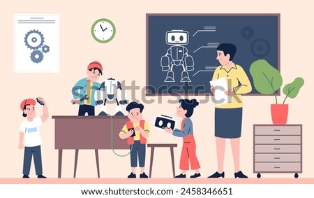 Children robotics project. Cute flat kids with teacher making robot or android. Course of programming cyborgs, smart technologies recent vector scene