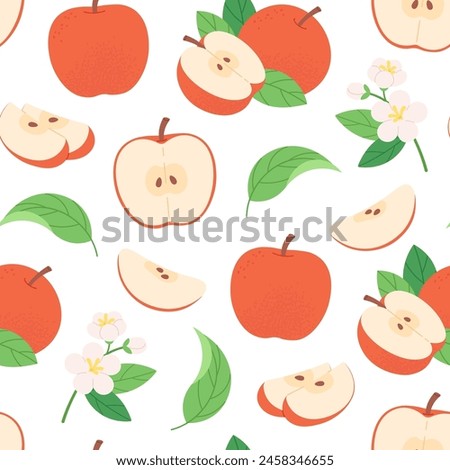 Cartoon apple seamless pattern. Red apples and blossom floral branches. Blooming garden, fabric and wrapping print design, racy vector background